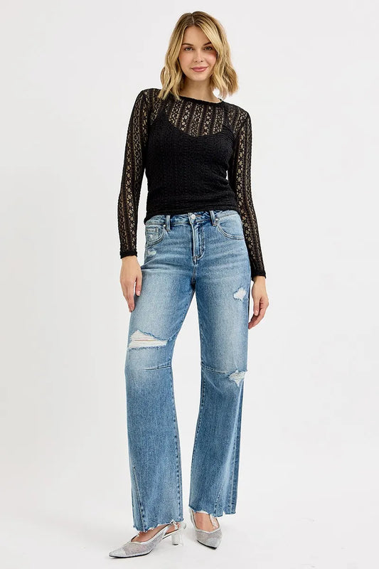 RISEN Mid Rise Fit Wide Baggy Leg Tie Washed Jeans