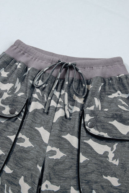 Camo Drawstring Contrast Waistband Barrel Cargo Pants