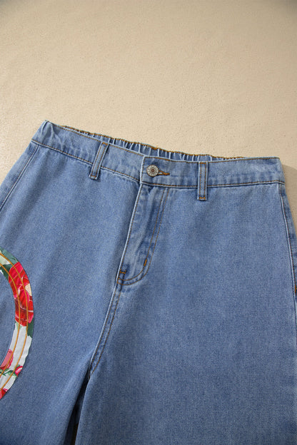Floral Peace Sign Embroidered Patch Wide Leg Jeans