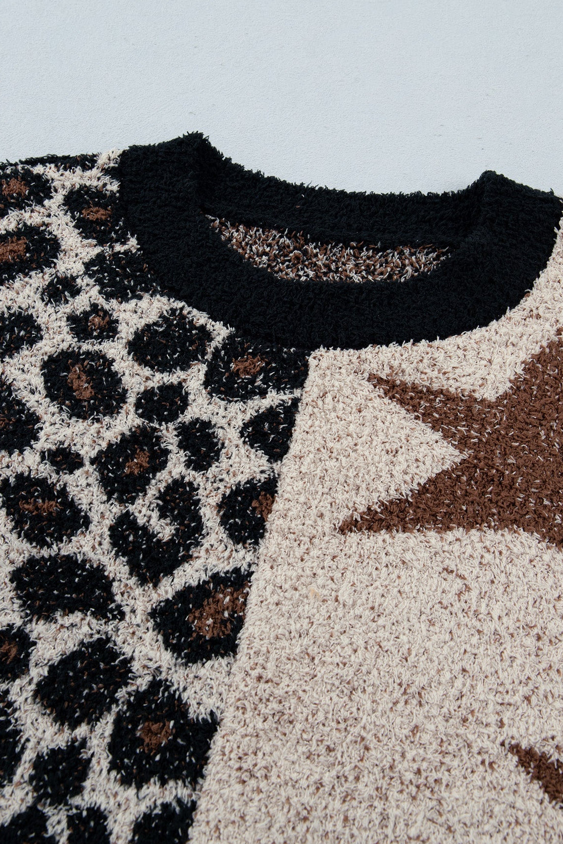 Leopard Star Patchwork Round Neck Fuzzy Sweater
