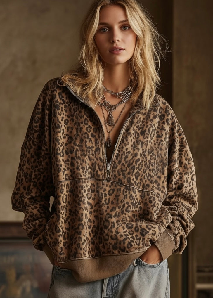 Leopard Half Zip Oversized Sweatshirt