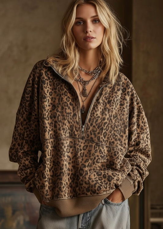 Leopard Half Zip Oversized Sweatshirt
