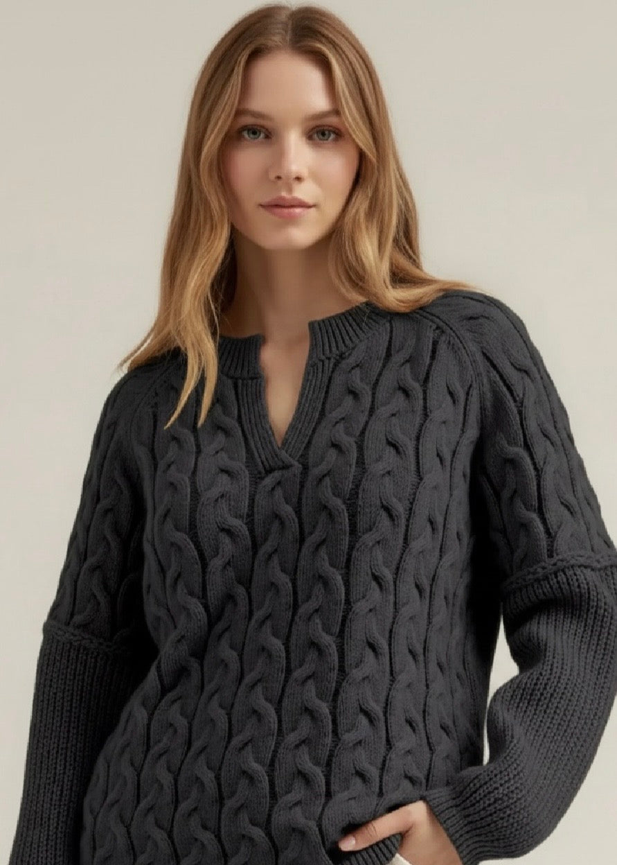 Cable-Knit Dropped Shoulder Sweater