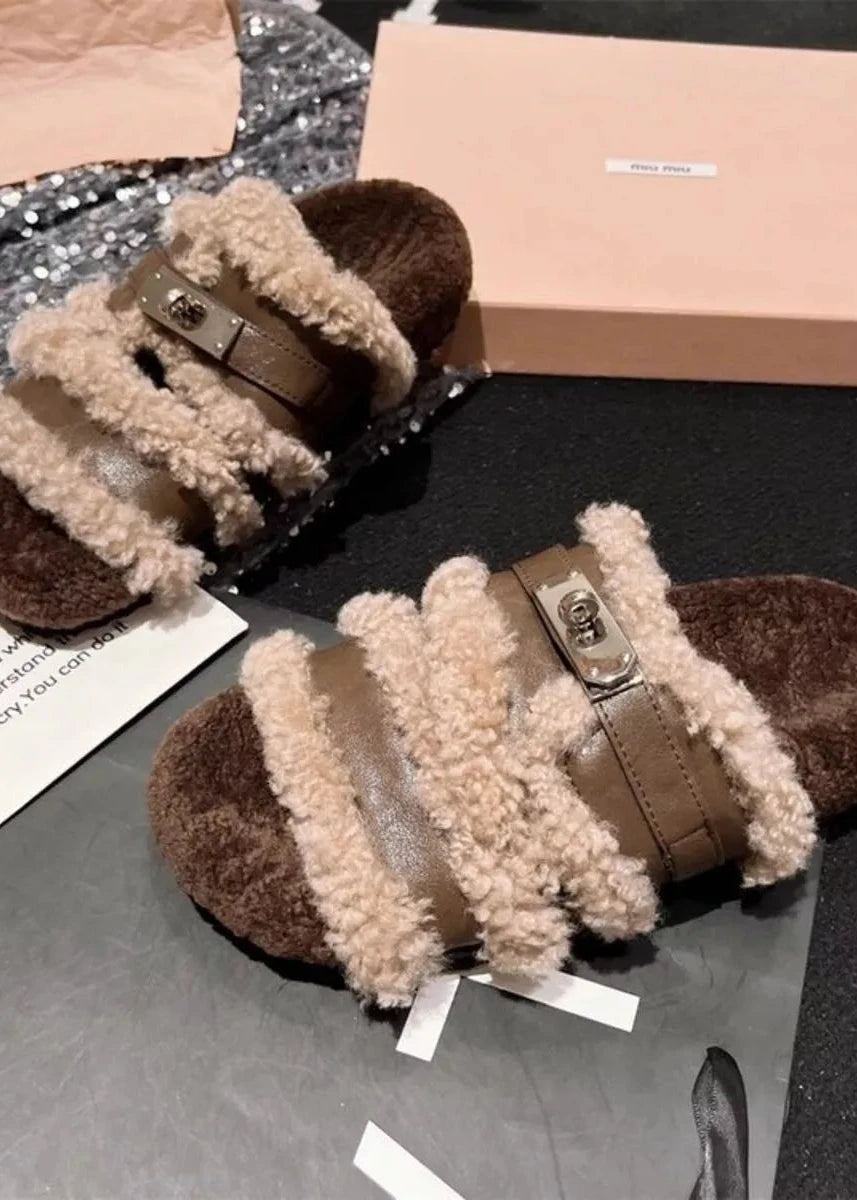 Fuzzy Buckle Accent Plush Slippers - Poet Street Boutique
