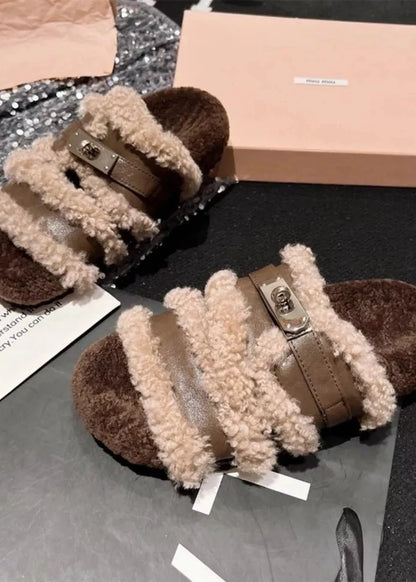Fuzzy Buckle Accent Plush Slippers - Poet Street Boutique