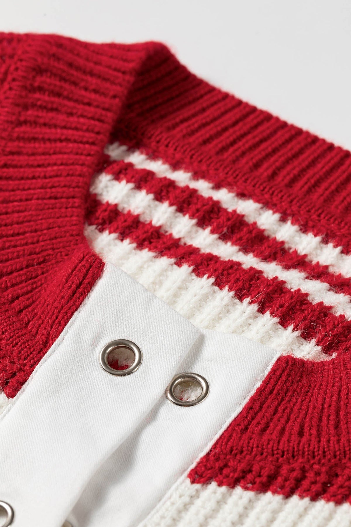 Red Stripe Grommet V-Neck Bell Sleeve Sweater