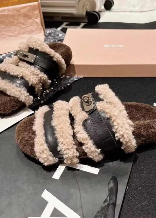 Fuzzy Buckle Accent Plush Slippers - Poet Street Boutique