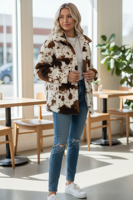 Cow Print Sherpa Jacket Miss Sparkling