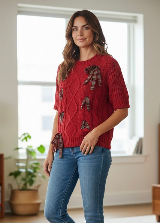 Christmas Plaid Lace-Up Puff Half Sleeve Sweater Poet Street Boutique