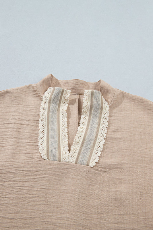 Crochet Lace Trim Rolled Short Sleeve Blouse