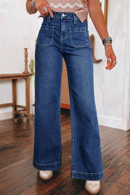 Denim Patch Pocket Wide Leg Jeans