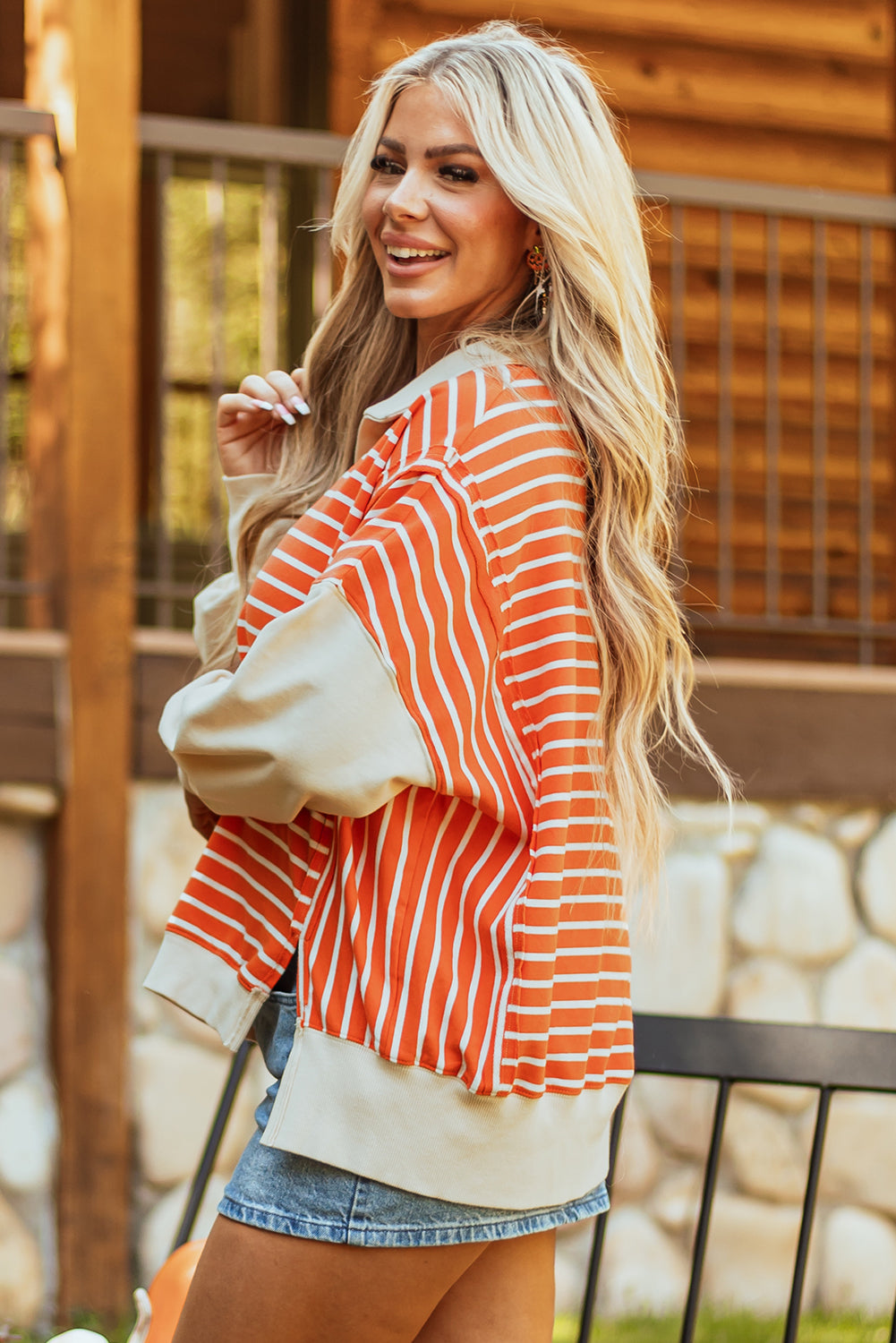 Orange Stripe Collared Drop Shoulder Sweatshirt