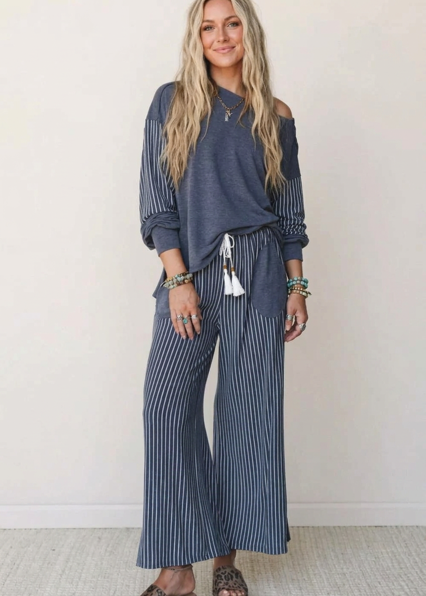 Raw Seam Patchwork Long Sleeve Top Pocket Casual Pants 2pcs Set - Poet Street Boutique