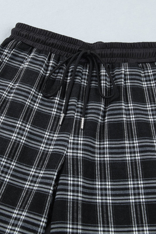 Plaid Frenchy Contrast Drawstring Waist Wide Leg Pants