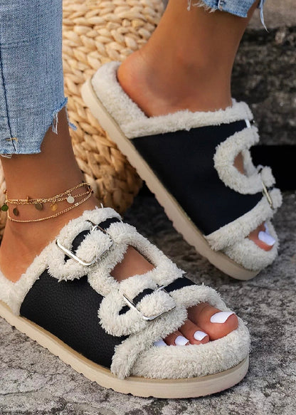 Buckle Plush Lined Platform Slippers