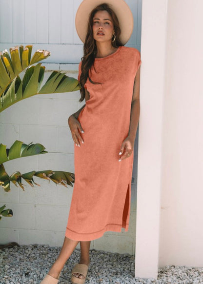 Cotton Side Split Cap Sleeve T-Shirt Dress
