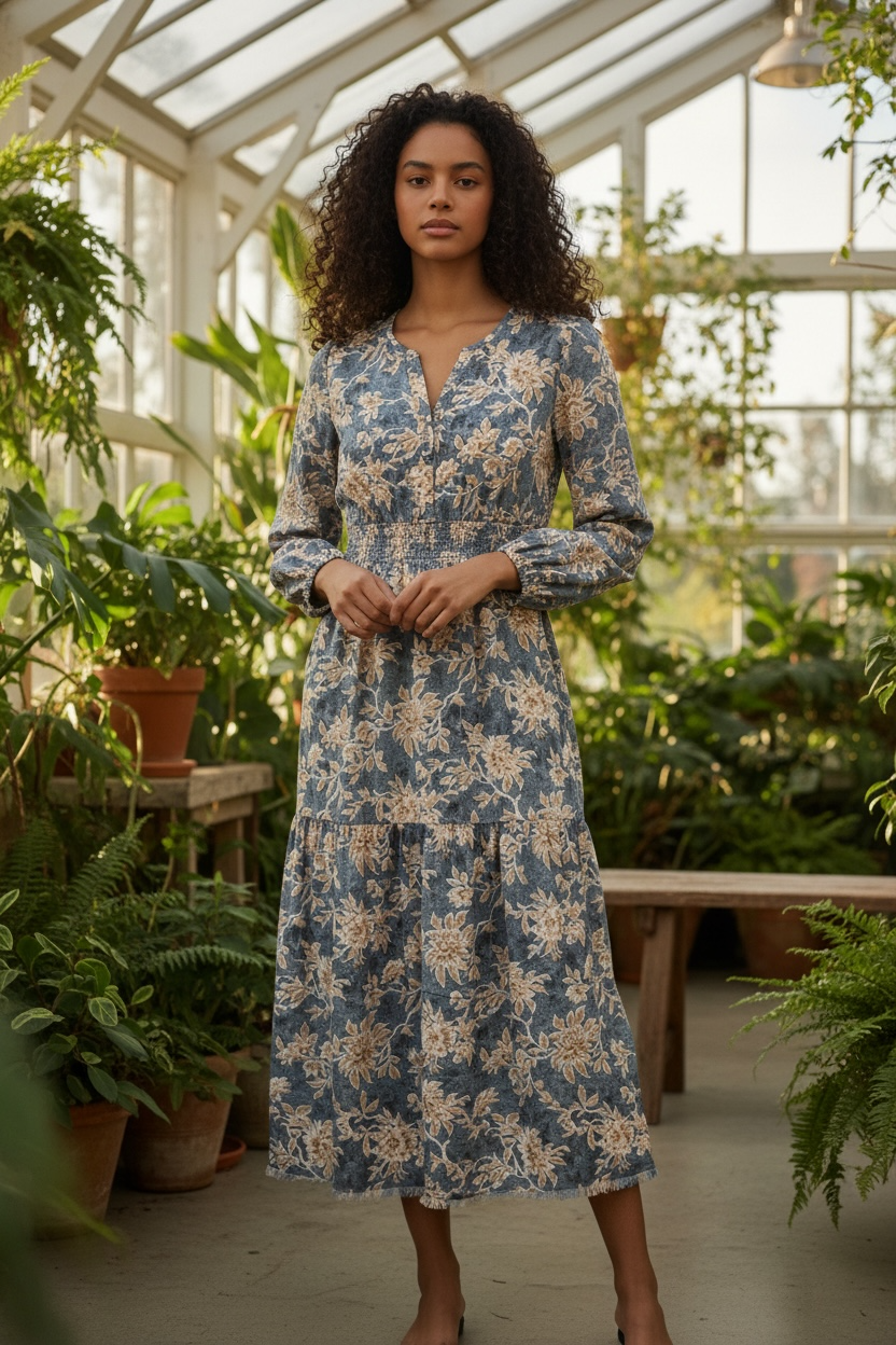 Floral Smocked High Waist Long Sleeve Dress JUNIPER BLVD