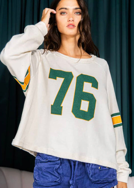 White Printed Retro Sporty Long Sleeve Top YNIQUE