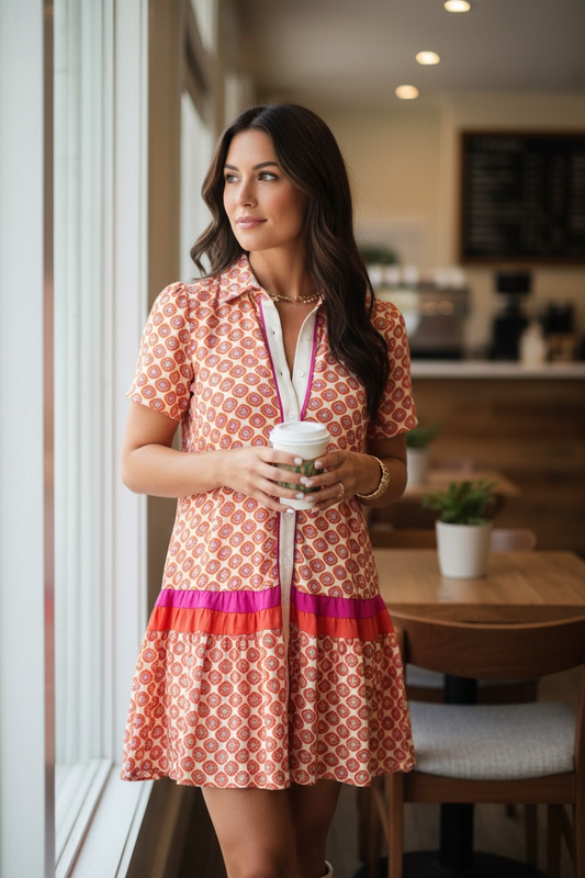 Floral Geometric Colorblock Ruffle Hem Dress JUNIPER BLVD