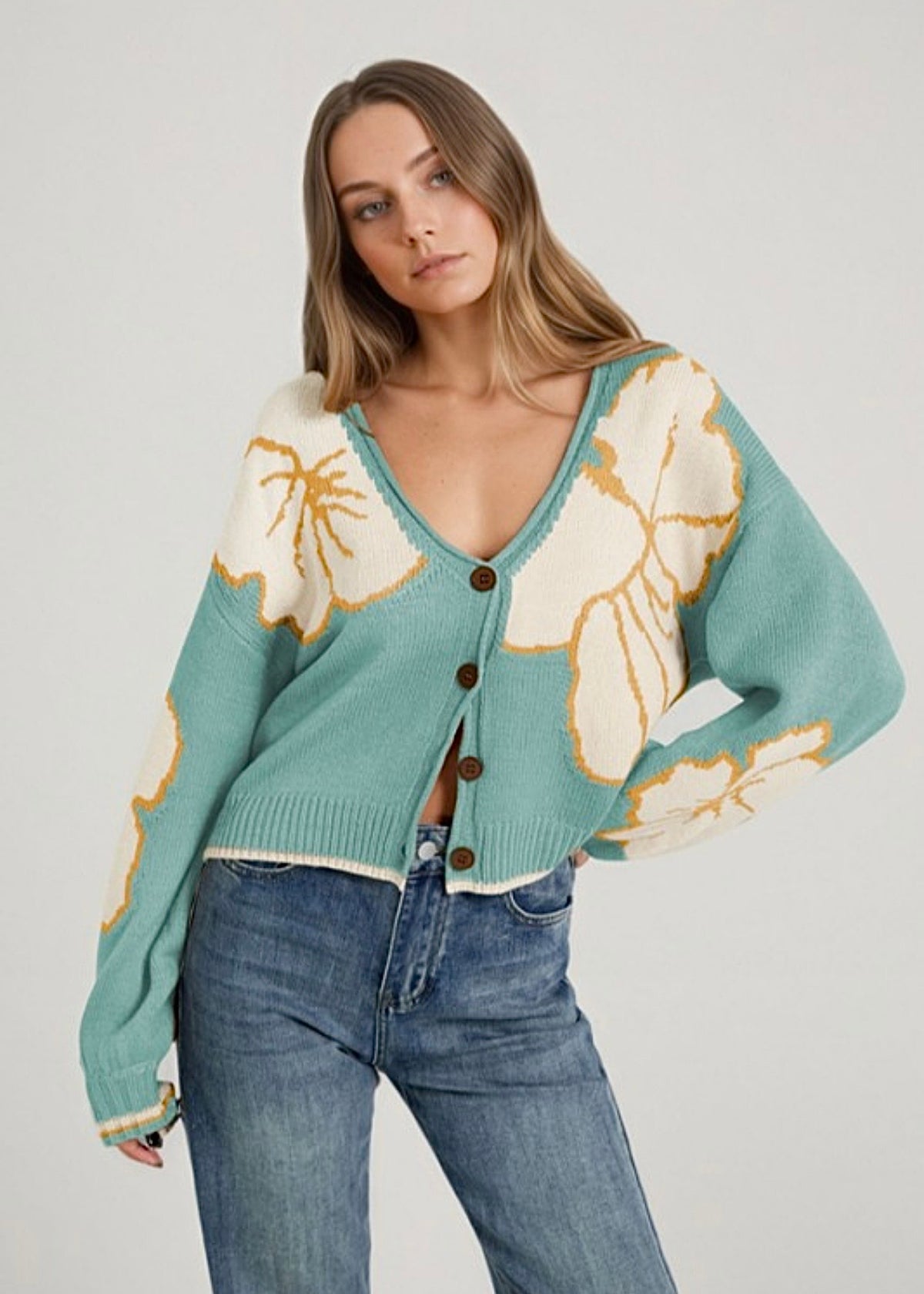 V-Neck Button-Down Knit Cardigan
