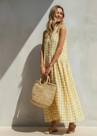 Sleeveless Gingham Button-Down Midi Dress