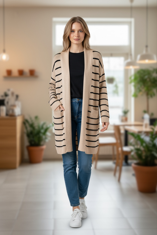 Stripe Shawl Neck Pocketed Open Cardigan Poet Street Boutique