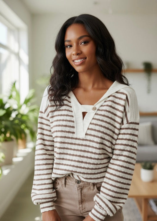 Stripe Textured Long Sleeve Hooded V-Neck Top Poet Street Boutique
