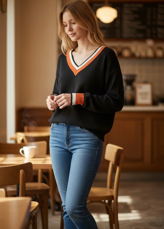 Scarlett Striped Trim Varsity Sweater Threaded Pear