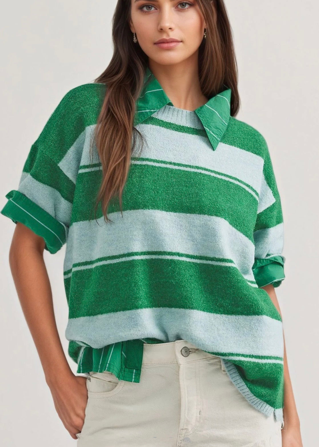 Multi Striped Half Sleeve Sweater