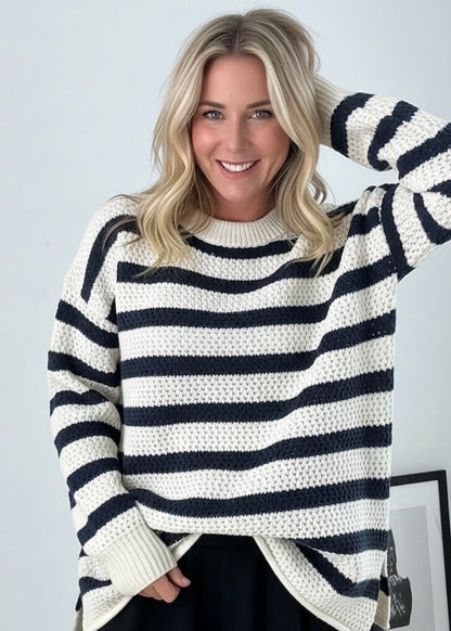 Striped Knit Dropped Shoulder Sweater