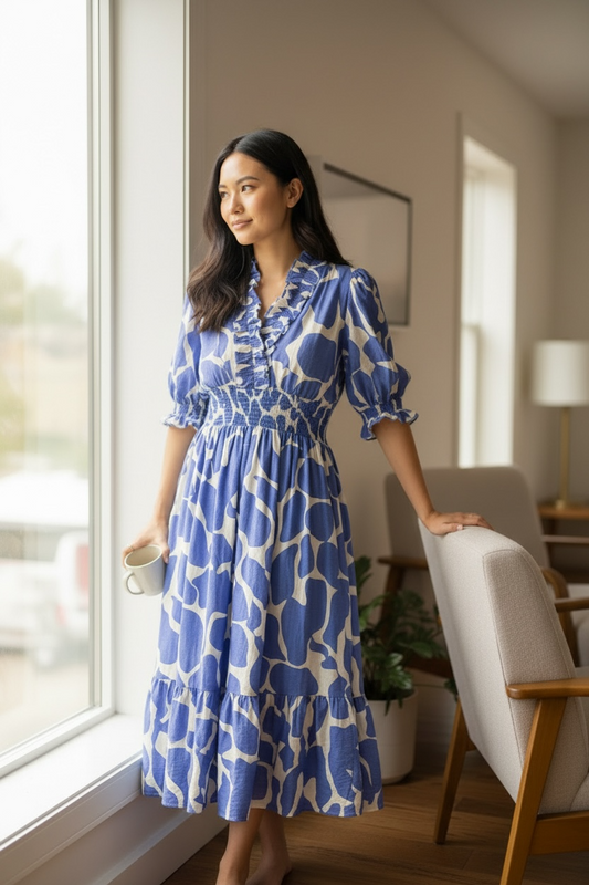 Abstract Smocked Waist Puff Sleeve Maxi Dress Poet Street Boutique