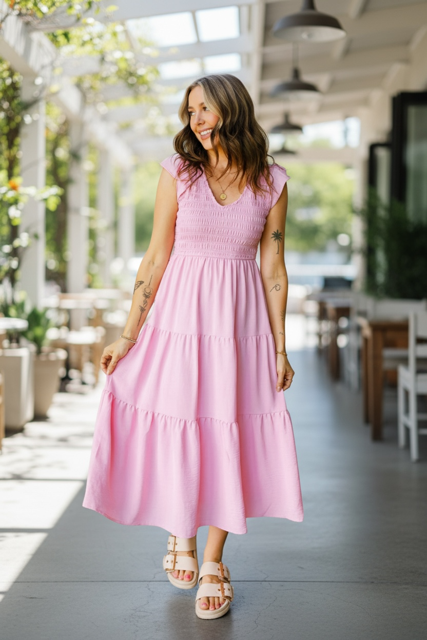 Smocked V-Neck Flutter Sleeve Tiered Midi Dress Poet Street Boutique
