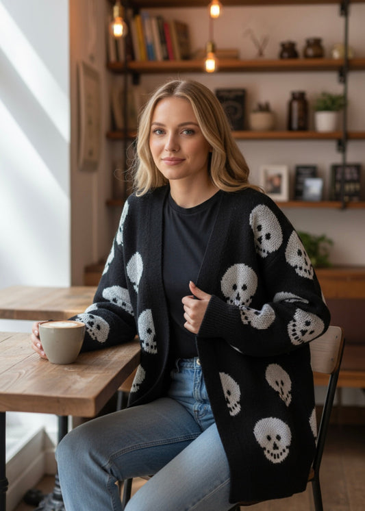 Black & White Skull Print Cardigan Poet Street Boutique