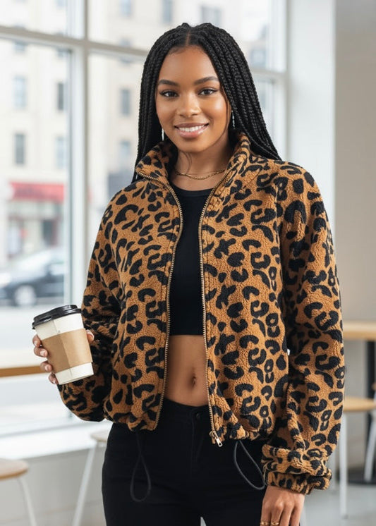 Leopard Print Fleece Zip-Up Jacket Miss Sparkling
