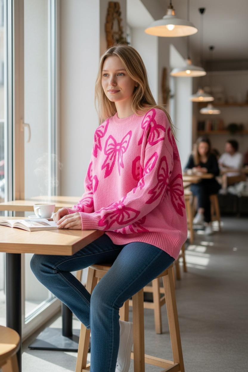 Bow Drop Shoulder Long Sleeve Sweater