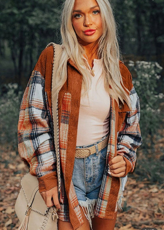 Plaid Corduroy Patch Pocket Loose Shacket Shirt EG fashion