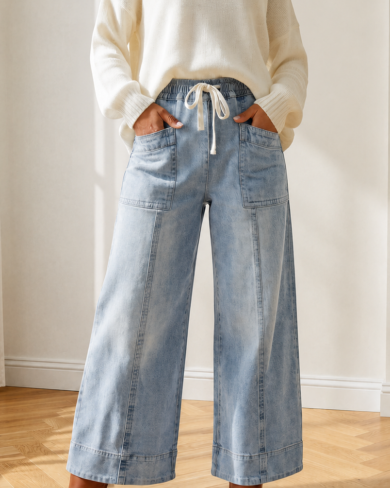 Ruby Drawstring Waist Wide Leg Ankle Length Jeans
