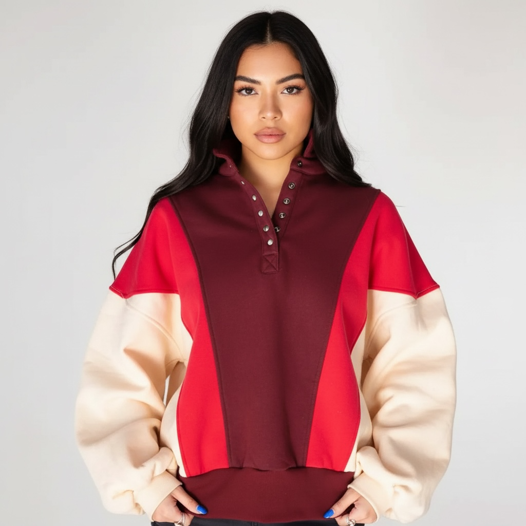 Color-Block Snap-Button Oversized Sweatshirt