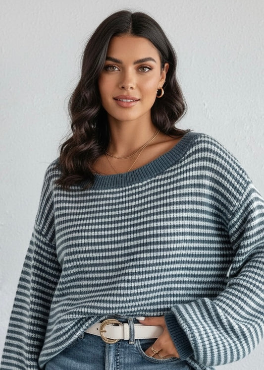 Blue Striped Boat Neck Long Sleeve Sweater