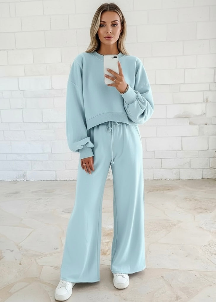 Puff Sleeve Crop Pullover Drawstring Wide Leg Pants Set
