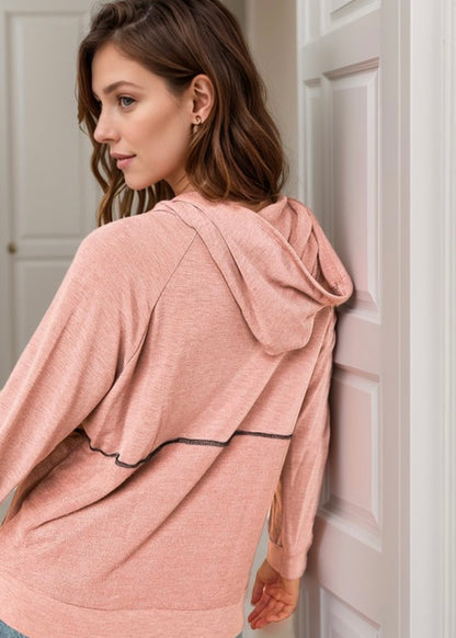 Dusty Pink Asymmetric Buttoned Long Sleeve Hoodie