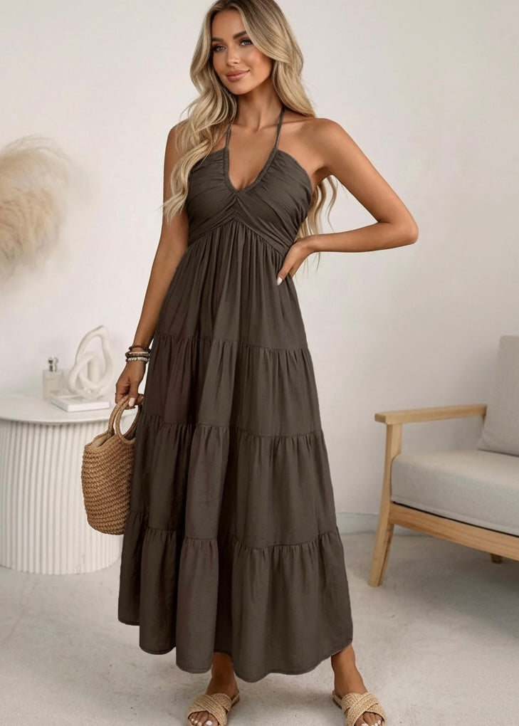 Halter Neck Tiered Midi Dress