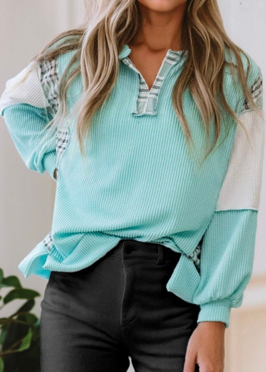 Viscose Corded Texture Plaid Patchwork Split Top EG fashion