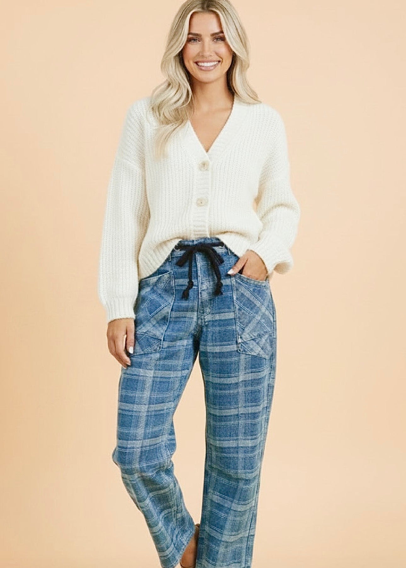 Denim Plaid Grommet Drawstring Waist Jeans