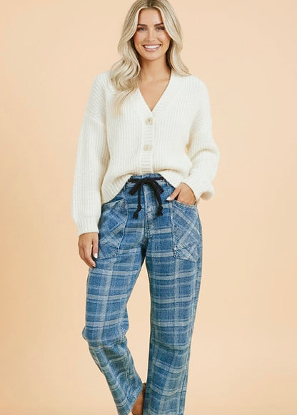 Denim Plaid Grommet Drawstring Waist Jeans
