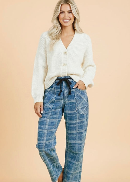 Denim Plaid Grommet Drawstring Waist Jeans