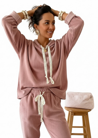 Pink Lace Detail Hoodie and Pants Set