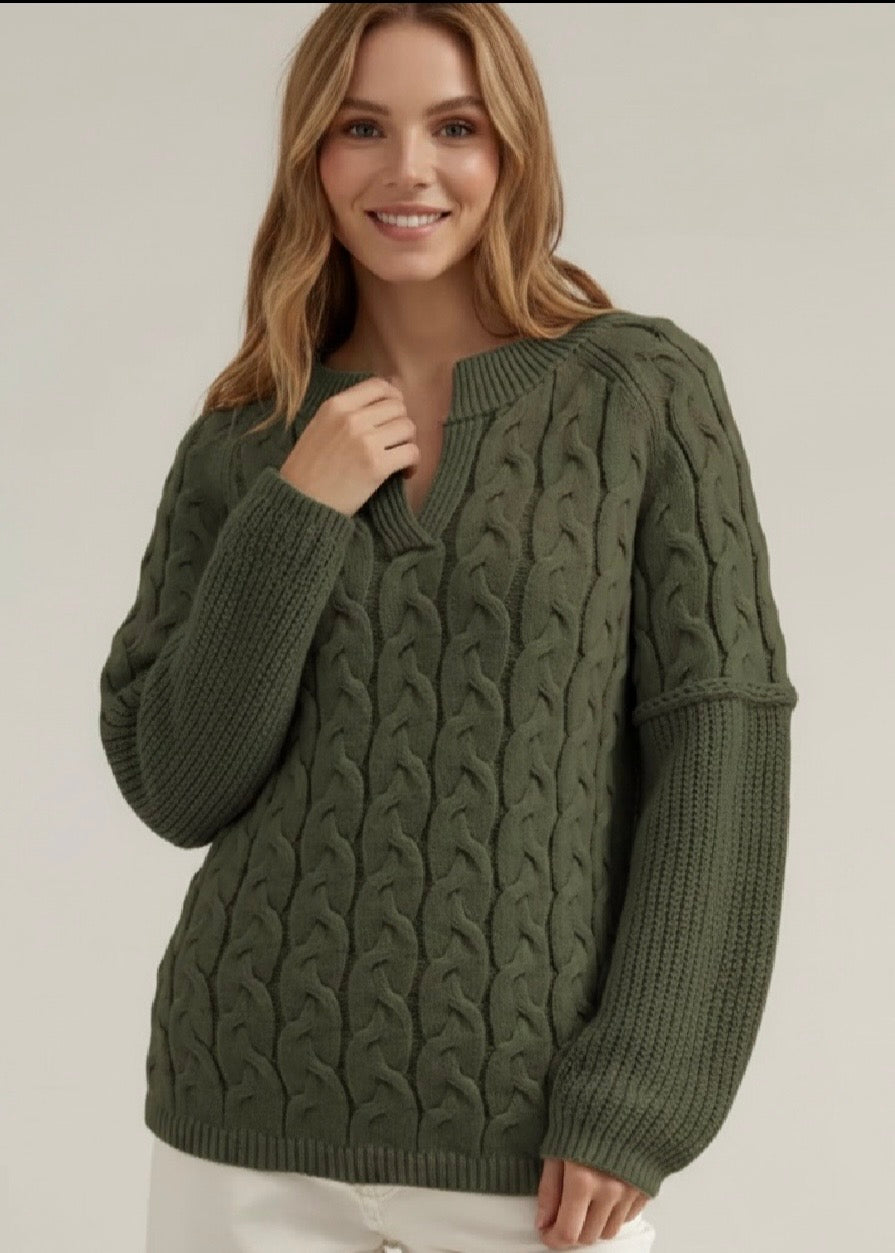 Cable-Knit Dropped Shoulder Sweater