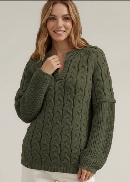 Cable-Knit Dropped Shoulder Sweater