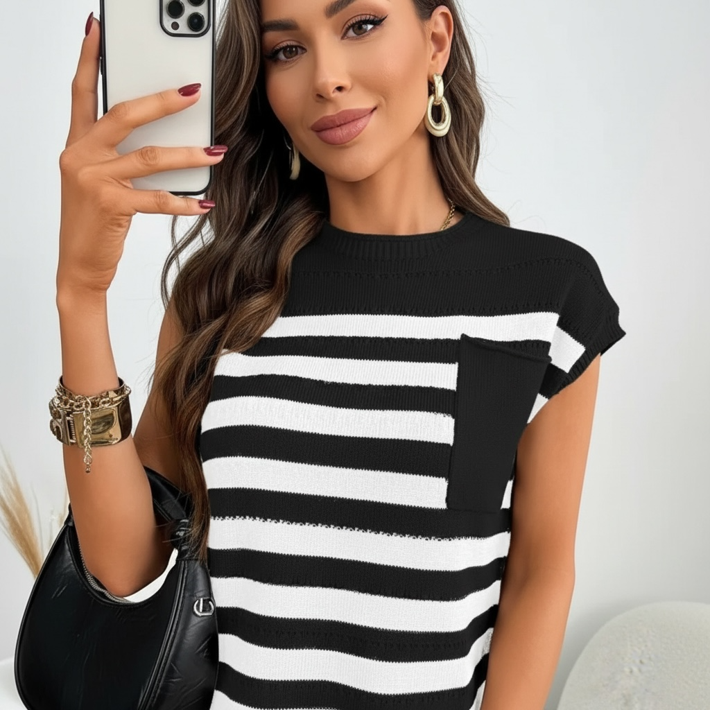 Striped Mock Neck Cap Sleeve Knit Top